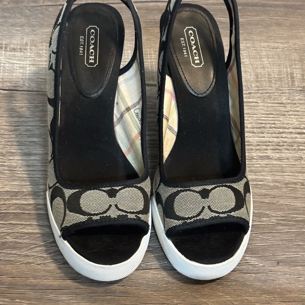 Coach Women's Black and Tan Wedge Sandals - Picture 2 of 6